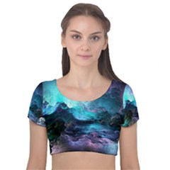 Abstract Graphics Nebula Psychedelic Space Velvet Short Sleeve Crop Top  by 99art