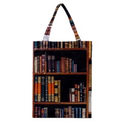 Assorted Title Of Books Piled In The Shelves Assorted Book Lot Inside The Wooden Shelf Classic Tote Bag by 99art