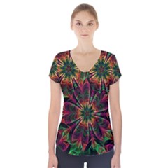 Multicolored Flower Mandala Wallpaper Kaleidoscope Pattern Short Sleeve Front Detail Top by 99art