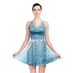 Architecture Blue Drawing Engineering City Modern Building Exterior Reversible Skater Dress by 99art