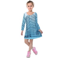 Architecture Blue Drawing Engineering City Modern Building Exterior Kids  Long Sleeve Velvet Dress by 99art