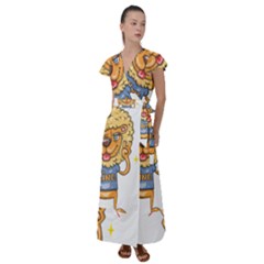 Animation-lion-animals-king-cool Flutter Sleeve Maxi Dress by 99art