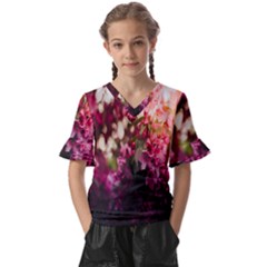 Pink Flower Kids  V-neck Horn Sleeve Blouse by artworkshop