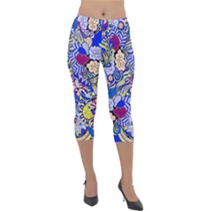 Blue Yellow Background Pattern Vector Texture Paisley Lightweight Velour Capri Leggings  by danenraven