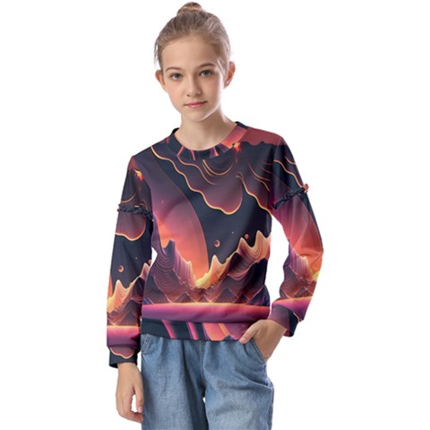 Fire Flame Burn Hot Heat Light Burning Orange Kids  Long Sleeve Tee With Frill  by Cowasu
