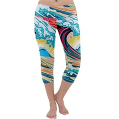 Ai Generated Waves Ocean Sea Tsunami Nautical Blue Sea (2) Capri Yoga Leggings by Cowasu