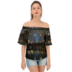 New York Night Central Park Skyscrapers Skyline Off Shoulder Short Sleeve Top by Cowasu
