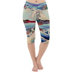 Wave Japanese Mount Fuji Woodblock Print Ocean Lightweight Velour Cropped Yoga Leggings by Cowasu