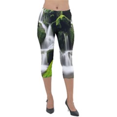 Waterfall Moss Korea Mountain Valley Green Forest Lightweight Velour Capri Leggings  by Ndabl3x