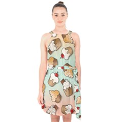 Cupcakes Cake Pie Pattern Halter Collar Waist Tie Chiffon Dress by Ndabl3x