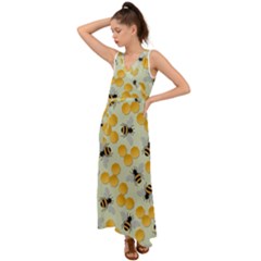 Honey Bee Bees Pattern V-neck Chiffon Maxi Dress by Ndabl3x