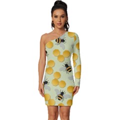 Honey Bee Bees Pattern Long Sleeve One Shoulder Mini Dress by Ndabl3x