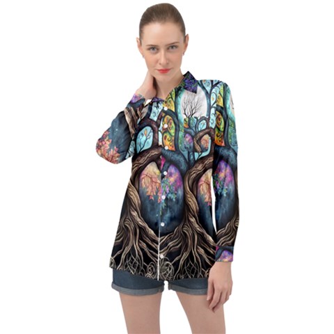 Tree Colourful Long Sleeve Satin Shirt by Ndabl3x