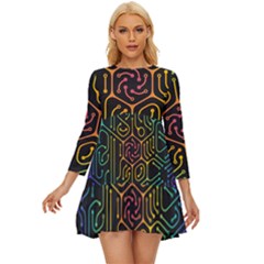 Circuit Hexagonal Geometric Pattern Background Pattern Long Sleeve Babydoll Dress by Wav3s