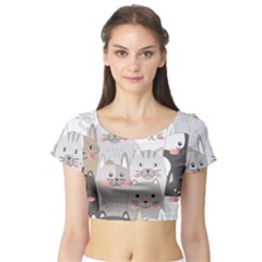 Cute Cats Seamless Pattern Short Sleeve Crop Top by Wav3s