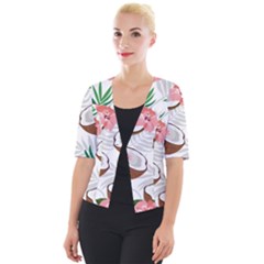 Seamless Pattern Coconut Piece Palm Leaves With Pink Hibiscus Cropped Button Cardigan by Vaneshart