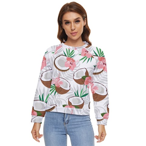 Seamless Pattern Coconut Piece Palm Leaves With Pink Hibiscus Women s Long Sleeve Raglan Tee by Vaneshart