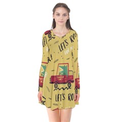 Childish-seamless-pattern-with-dino-driver Long Sleeve V-neck Flare Dress by Vaneshart