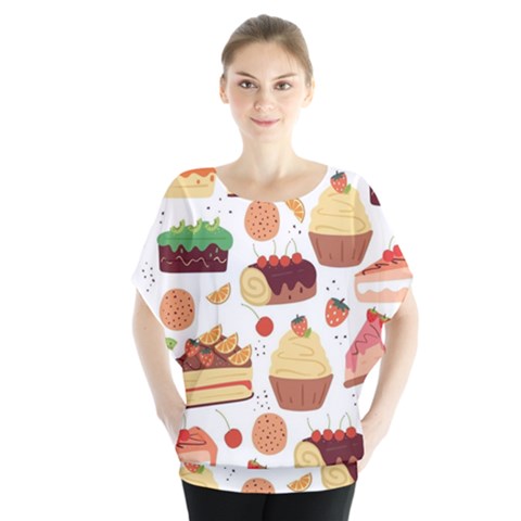 Seamless Pattern Hand Drawing Cartoon Dessert And Cake Batwing Chiffon Blouse by Wav3s