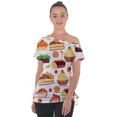 Seamless Pattern Hand Drawing Cartoon Dessert And Cake Off Shoulder Tie-up Tee by Wav3s