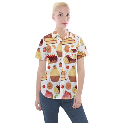 Seamless Pattern Hand Drawing Cartoon Dessert And Cake Women s Short Sleeve Pocket Shirt by Wav3s