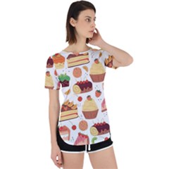Seamless Pattern Hand Drawing Cartoon Dessert And Cake Perpetual Short Sleeve T-shirt by Wav3s