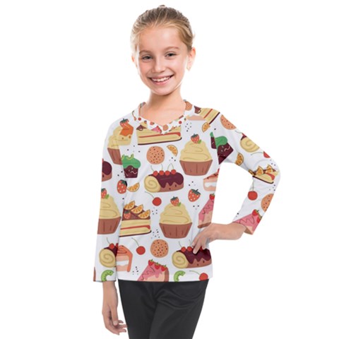 Seamless Pattern Hand Drawing Cartoon Dessert And Cake Kids  Long Mesh Tee by Wav3s