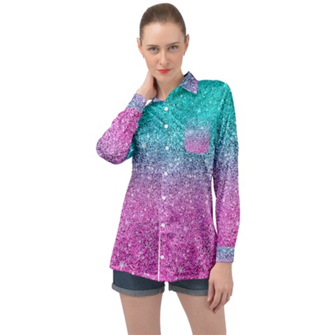 Pink And Turquoise Glitter Long Sleeve Satin Shirt by Wav3s