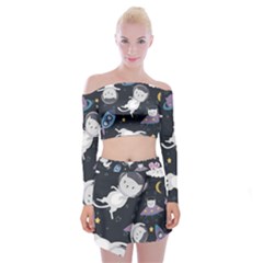 Space Cat Illustration Pattern Astronaut Off Shoulder Top With Mini Skirt Set by Wav3s