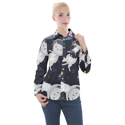 Space Cat Illustration Pattern Astronaut Women s Long Sleeve Pocket Shirt by Wav3s