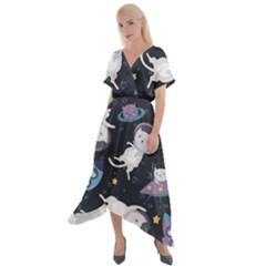 Space Cat Illustration Pattern Astronaut Cross Front Sharkbite Hem Maxi Dress by Wav3s