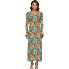 Owl Bird Pattern Long Sleeve Longline Maxi Dress by Vaneshop