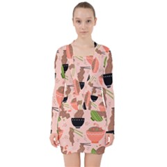 Doodle Yakisoba Seamless Pattern Background Cartoon Japanese Street Food V-neck Bodycon Long Sleeve Dress by Grandong