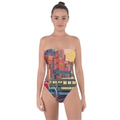 The City Style Bus Fantasy Architecture Art Tie Back One Piece Swimsuit by Grandong