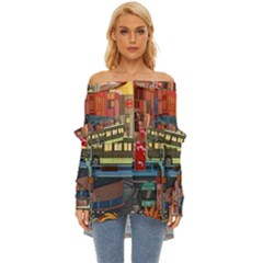 The City Style Bus Fantasy Architecture Art Off Shoulder Chiffon Pocket Shirt by Grandong