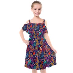Pattern Colorful Bird Leaf Flower Kids  Cut Out Shoulders Chiffon Dress by Cowasu