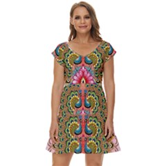 Pink Peacock Bird Pattern Texture Short Sleeve Tiered Mini Dress by Cowasu