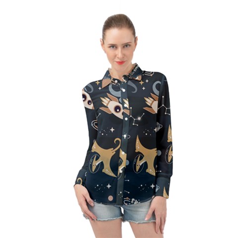 Space Theme Art Pattern Design Wallpaper Long Sleeve Chiffon Shirt by Ndabl3x
