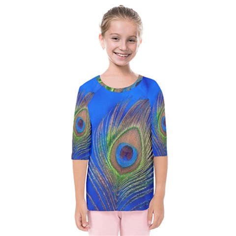 Blue Peacock Feather Kids  Quarter Sleeve Raglan Tee by Amaryn4rt