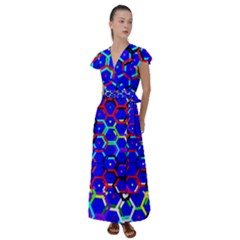 Blue Bee Hive Pattern Flutter Sleeve Maxi Dress by Amaryn4rt