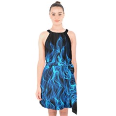 Digitally Created Blue Flames Of Fire Halter Collar Waist Tie Chiffon Dress by Simbadda