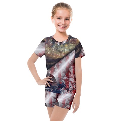 Independence Day Background Abstract Grunge American Flag Kids  Mesh Tee And Shorts Set by Ravend