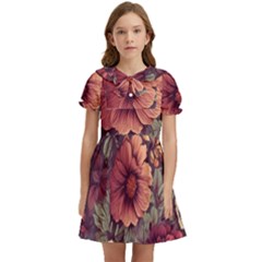 Flowers Pattern Kids  Bow Tie Puff Sleeve Dress by Simbadda