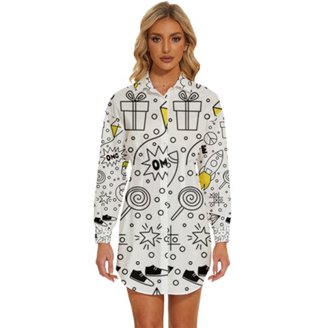 Set-cute-colorful-doodle-hand-drawing Womens Long Sleeve Shirt Dress by uniart180623