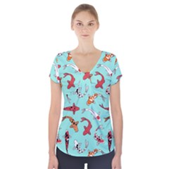 Pattern-with-koi-fishes Short Sleeve Front Detail Top by uniart180623
