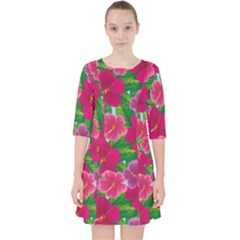 Background-cute-flowers-fuchsia-with-leaves Quarter Sleeve Pocket Dress by uniart180623