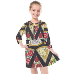 Vector-seamless-pattern-with-italian-pizza-top-view Kids  Quarter Sleeve Shirt Dress by uniart180623