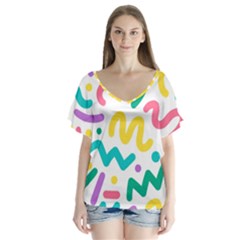 Abstract-pop-art-seamless-pattern-cute-background-memphis-style V-neck Flutter Sleeve Top by uniart180623