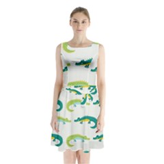 Cute-cartoon-alligator-kids-seamless-pattern-with-green-nahd-drawn-crocodiles Sleeveless Waist Tie Chiffon Dress by uniart180623