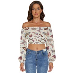Pattern-with-butterflies-moths Long Sleeve Crinkled Weave Crop Top by uniart180623